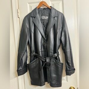 Vintage Catalani Black 💯 real Leather belted coat size M
